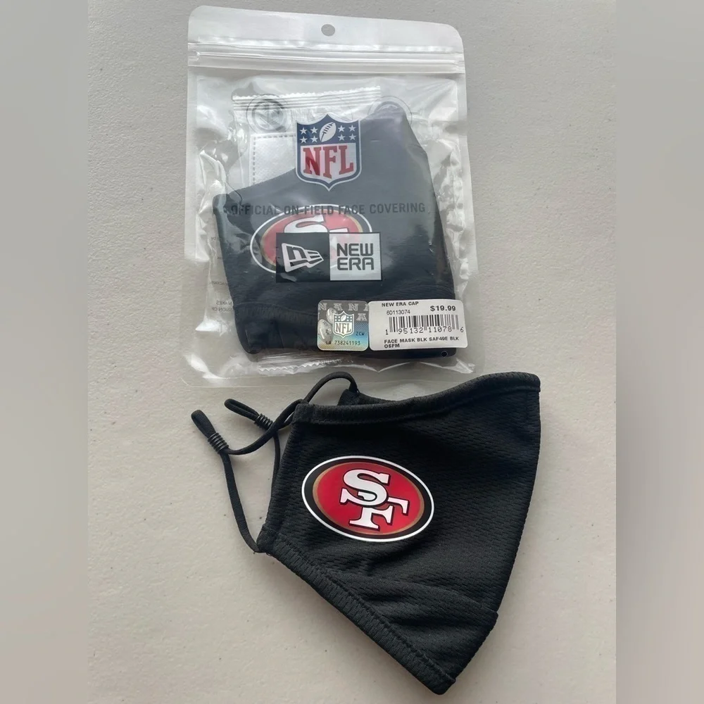 2 San Francisco 49er official NFL face masks 1 sealed and unopened, 1 opened